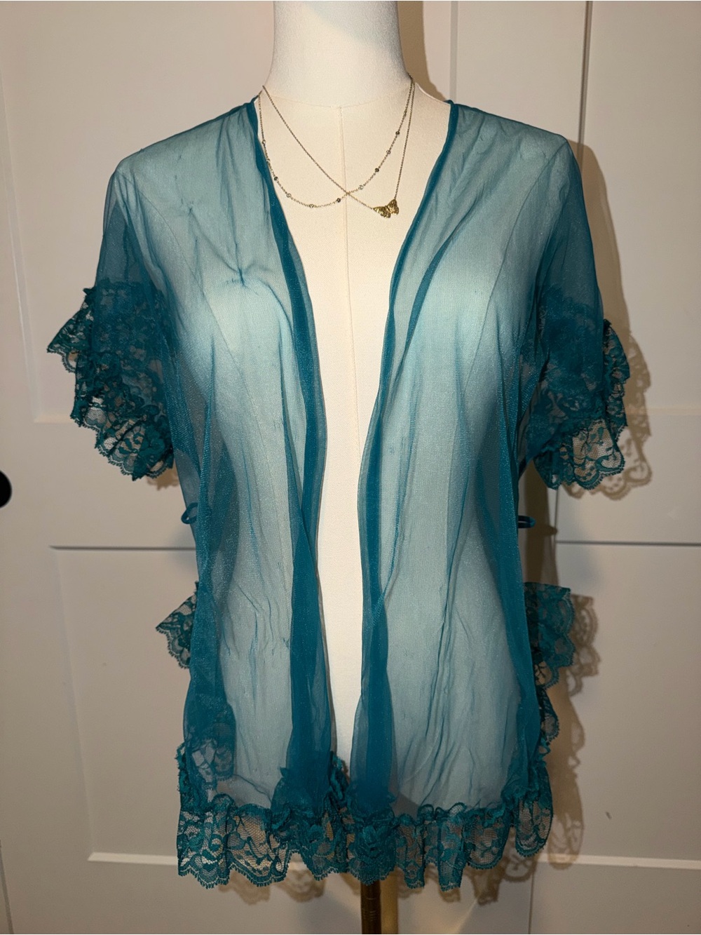 vintage Frederick's of Hollywood Teal Sheer Lace Kimono